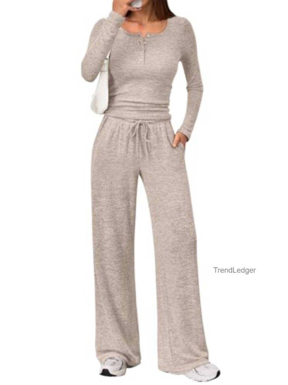 Women's 2 Piece Lounge Set Henley Wide Leg Pants Matching Outfit